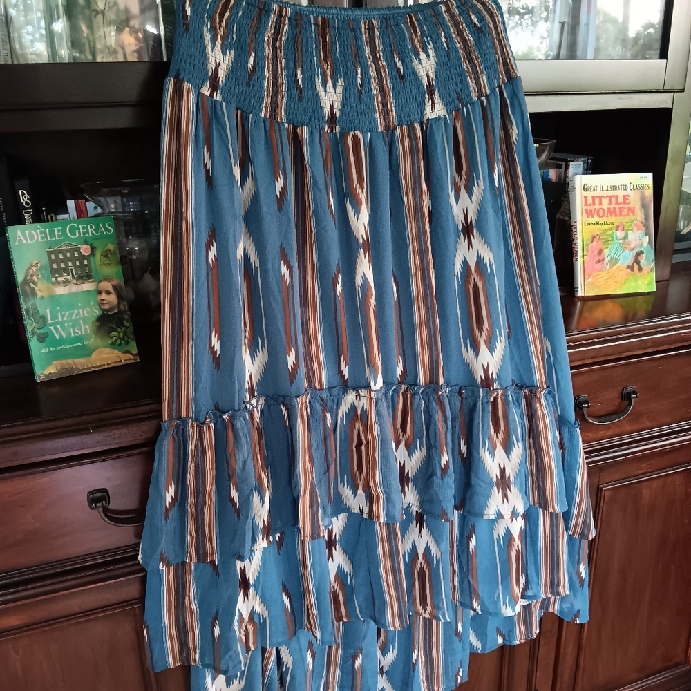 ARIAT JACOBO CHIMAYO SOUTHWESTERN AZTEC PRINT RUFFLED HI LOW HEM MIDI SKIRT - Picture 2 of 15